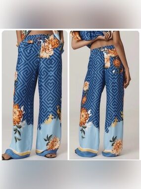 Anthropologie Maeve Straight-Leg Pull-On Silk Floral Tropical Pants size XS